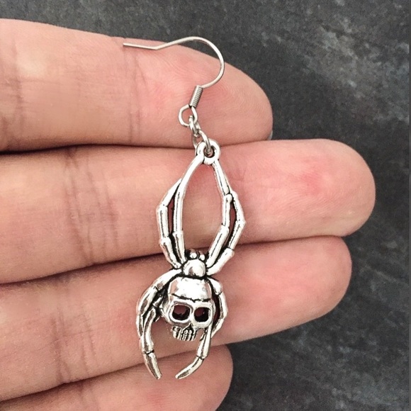 Any 2/$20! Silver Skull Spider Drop Earrings - Picture 4 of 7